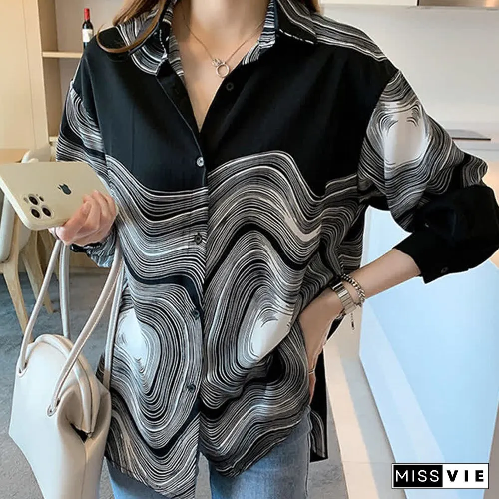 Colorblock Stripe Print Lapel Shirt Workwear