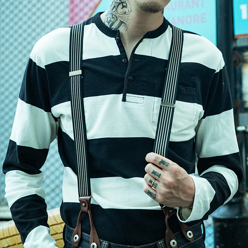 American Cotton Wide Stripe Henley Collar Prisoner T-Shirt