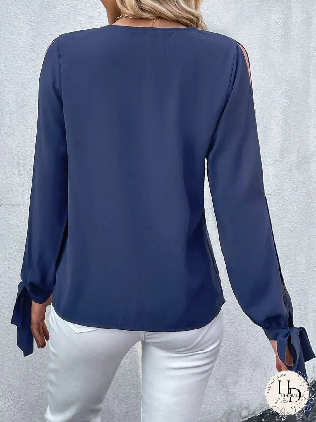 Double Take V-Neck Tie Cuff Slit Blouse