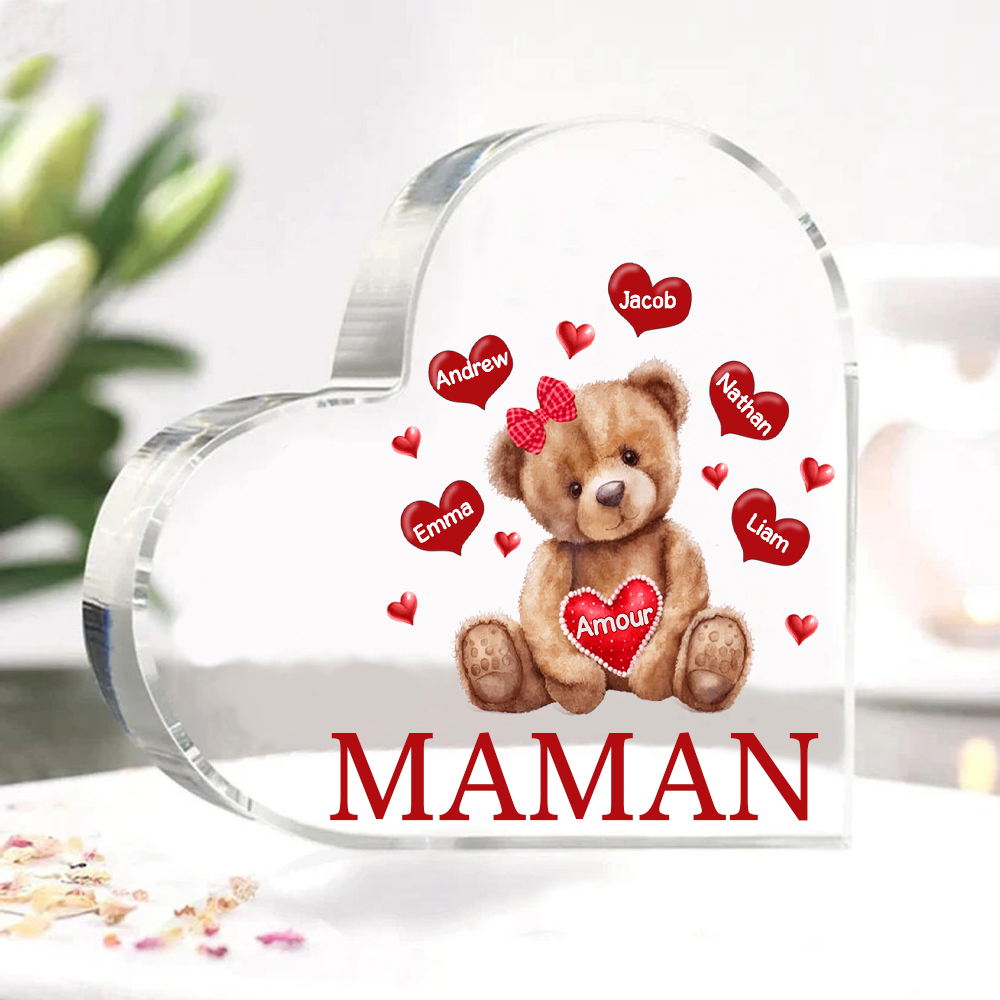 À ma Maman/Mamie - Plaque Acrylique Ours en Forme de Cœur 5 Prénoms Personnalisés avec 1 Texte