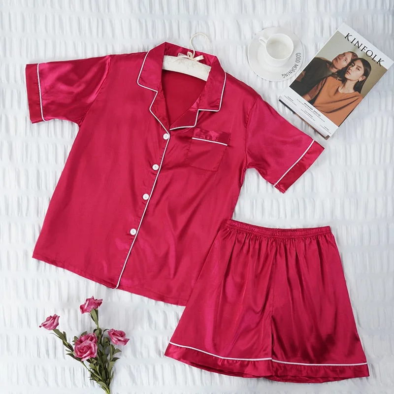 2 Pieces Faux Silk Satin Pajamas Set Autumn Women Silky Skin Friendly Nightwear Simple Comfortable Home Long Sleeve Clothes