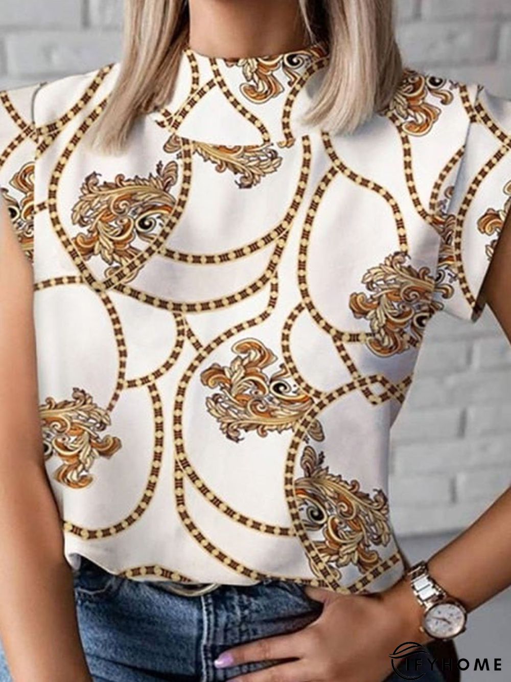 Stand Collar Geometric Short Sleeve T-Shirt | IFYHOME