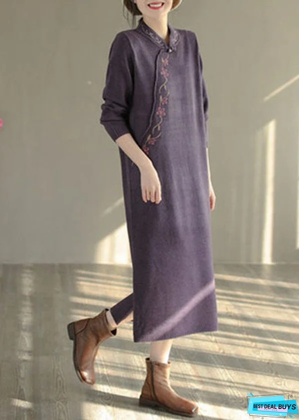 Women Purple Stand Collar Embroideried Knit Sweater Dress Winter