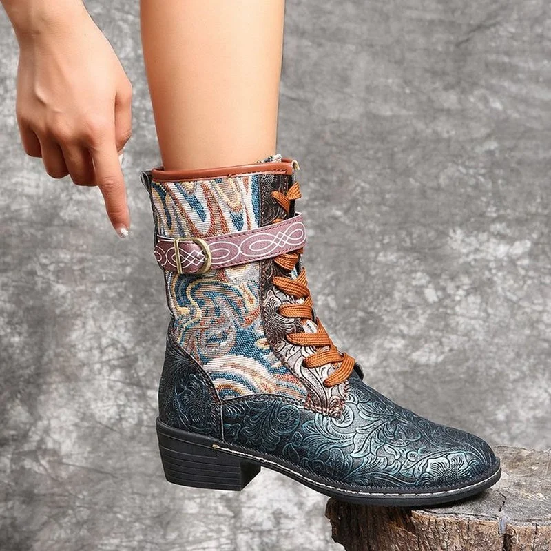 2021 autumn women's boots retro painted embroidery ethnic low-heel Martin boots plus size women's shoes 36-43 luxury gothic