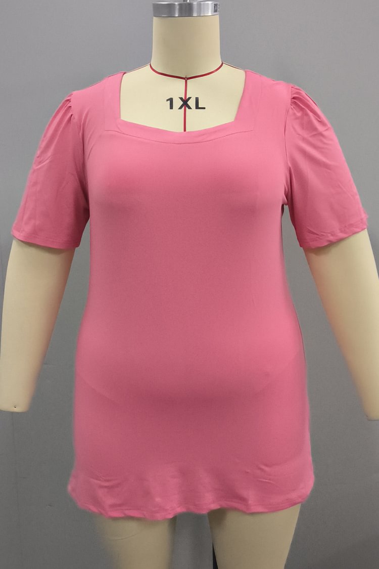 Plus Size Casual Square Neck Puff Sleeve T Shirts FlyCurvy Flycurvy [product_label]