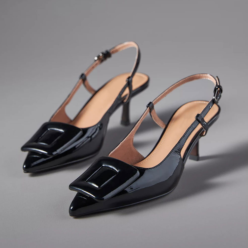 Black Patent Leather Pointed Toe 3'' Stiletto Heel Slingback Pumps Nicepairs