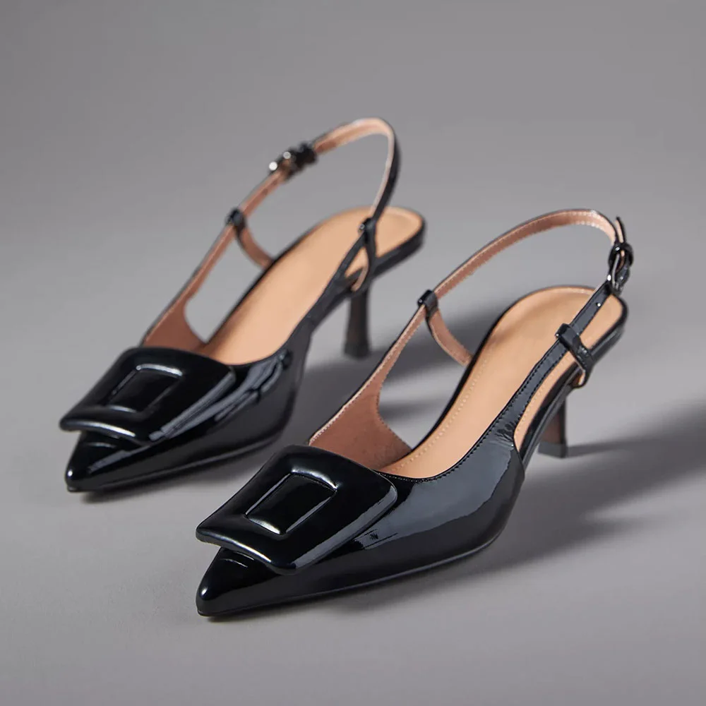 Black Patent Leather  Pointed Toe Slingback Pumps With Kitten Heels Nicepairs