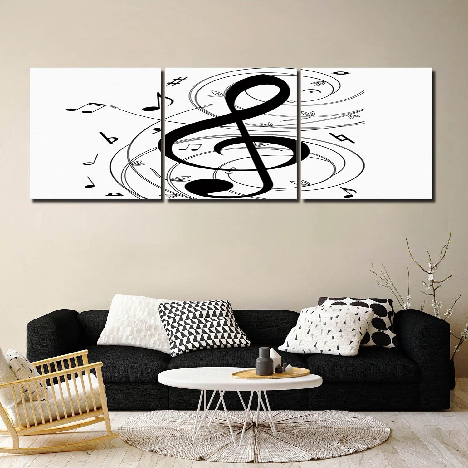 Wall Art for Bedroom Decor, 3 Panel Wall Decor Painting Posters for Living Room Decor Office Decor, Room Decor Aesthetic Canvas Wall Art, Music Note Black and White Home Decor Canvas Prints, 8 inch x8 inch