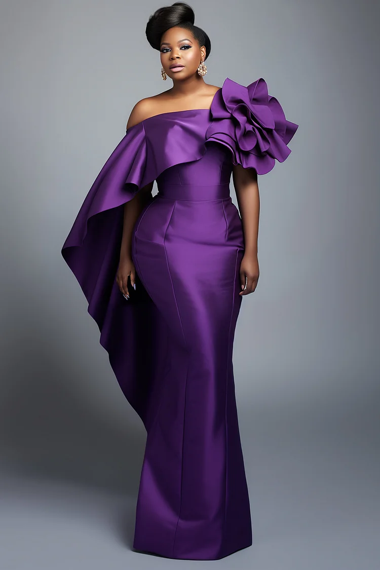 Xpluswear Design Plus Size Formal Purple Elegant Off The Shoulder 3D Bodycon Satin Maxi Dresses