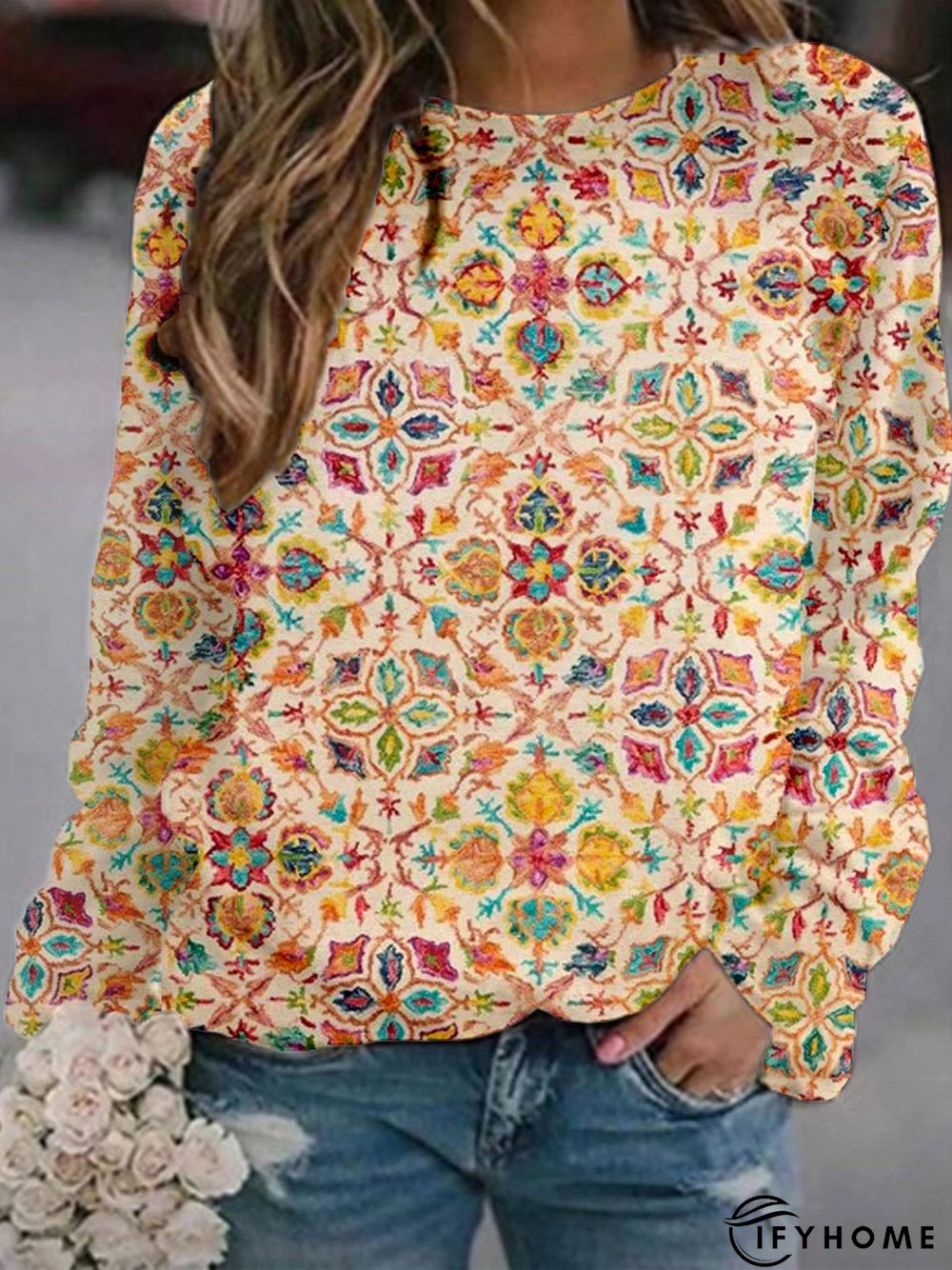 Casual Long Sleeve Round Neck Printed Top Sweatshirt | IFYHOME