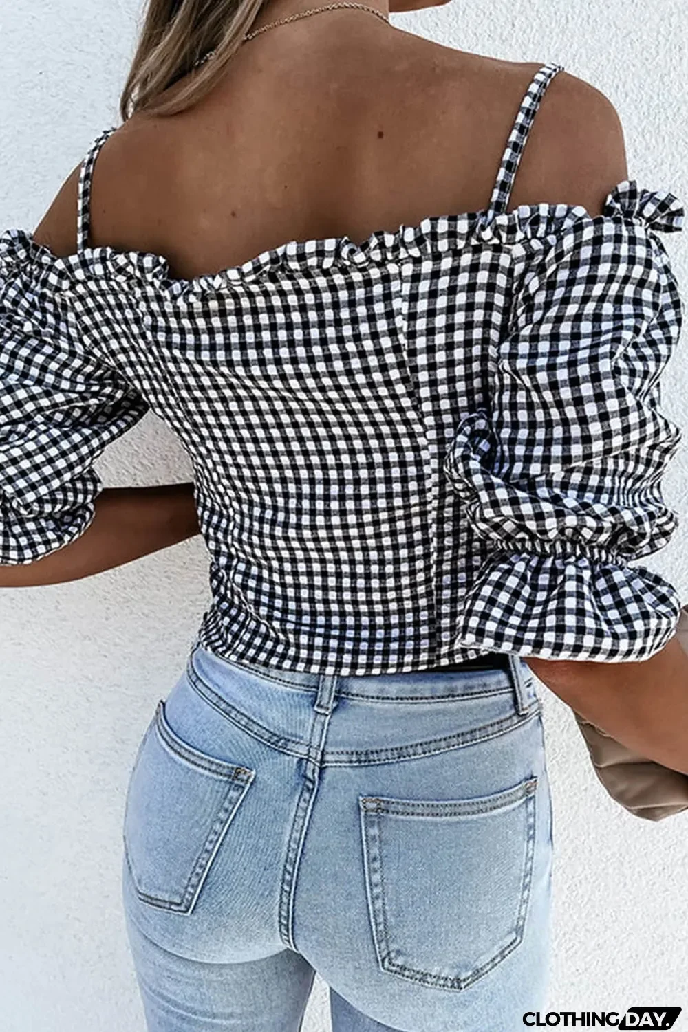 Black Sweetheart Gingham Button Down Cold Shoulder Blouse