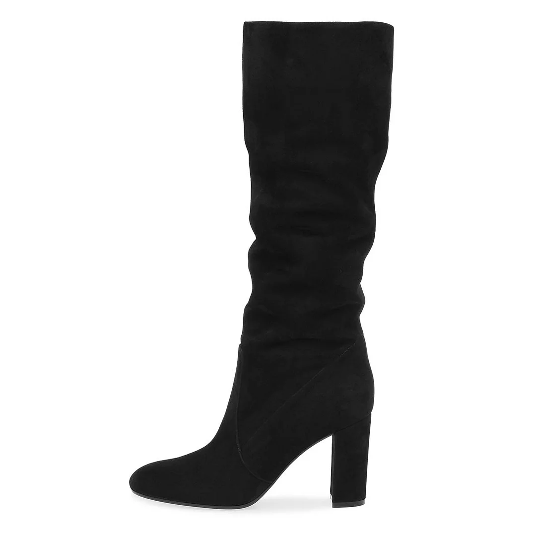 Black Vegan Suede Chunky Heel Round Toe Slouch Knee High Boots