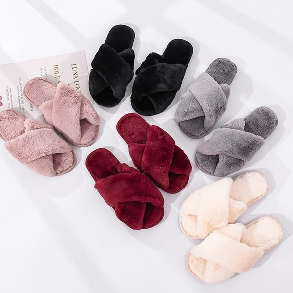 Winter Women House Slippers Plush Open Toe Faux Fur Fluffy House Flats Shoes Cross Band Soft Warm Comfy Cozy Bedroom Slippers - Shop Trendy Women's Fashion | TeeYours