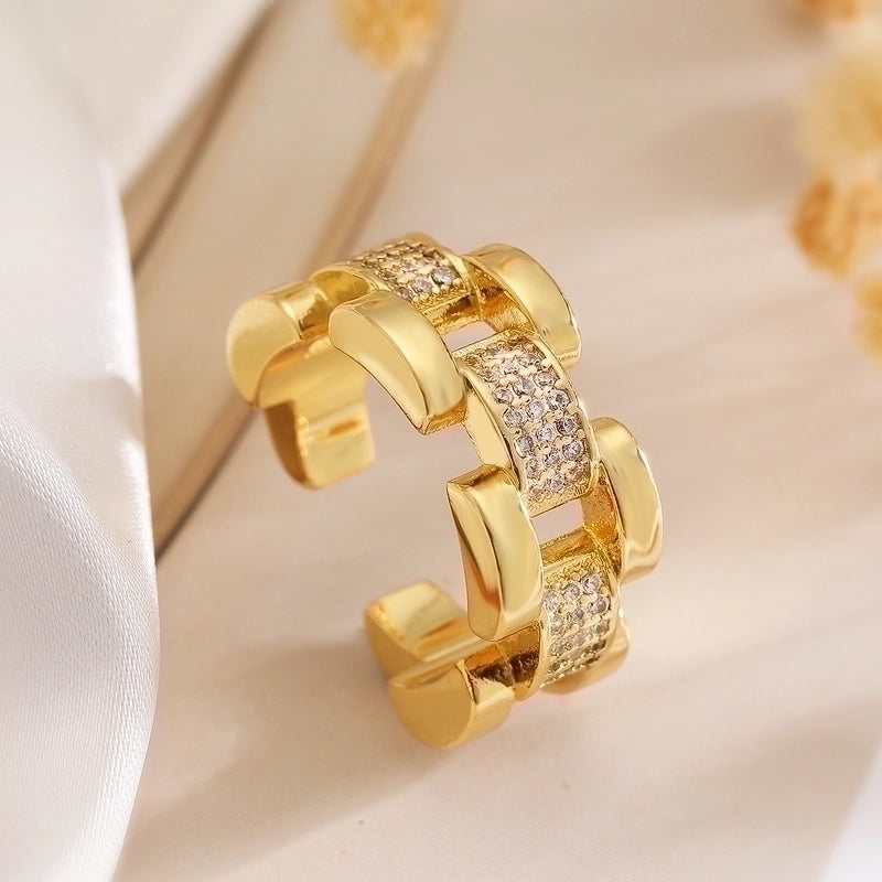 Minimalist Commute Geometric Copper Inlay 18K Gold Plated Pearl Zircon Open Rings