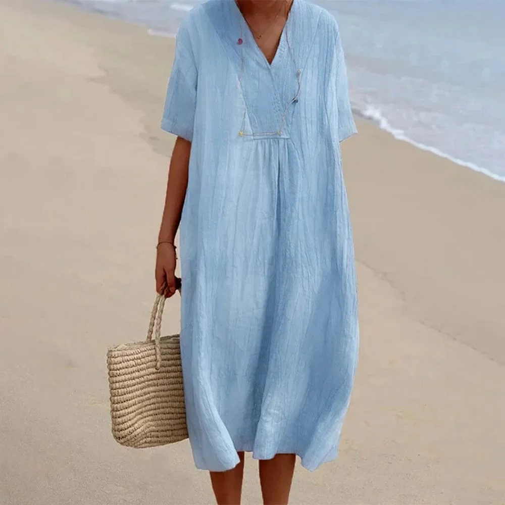 Smiledeer Soft and comfortable V-neck cotton and linen dress