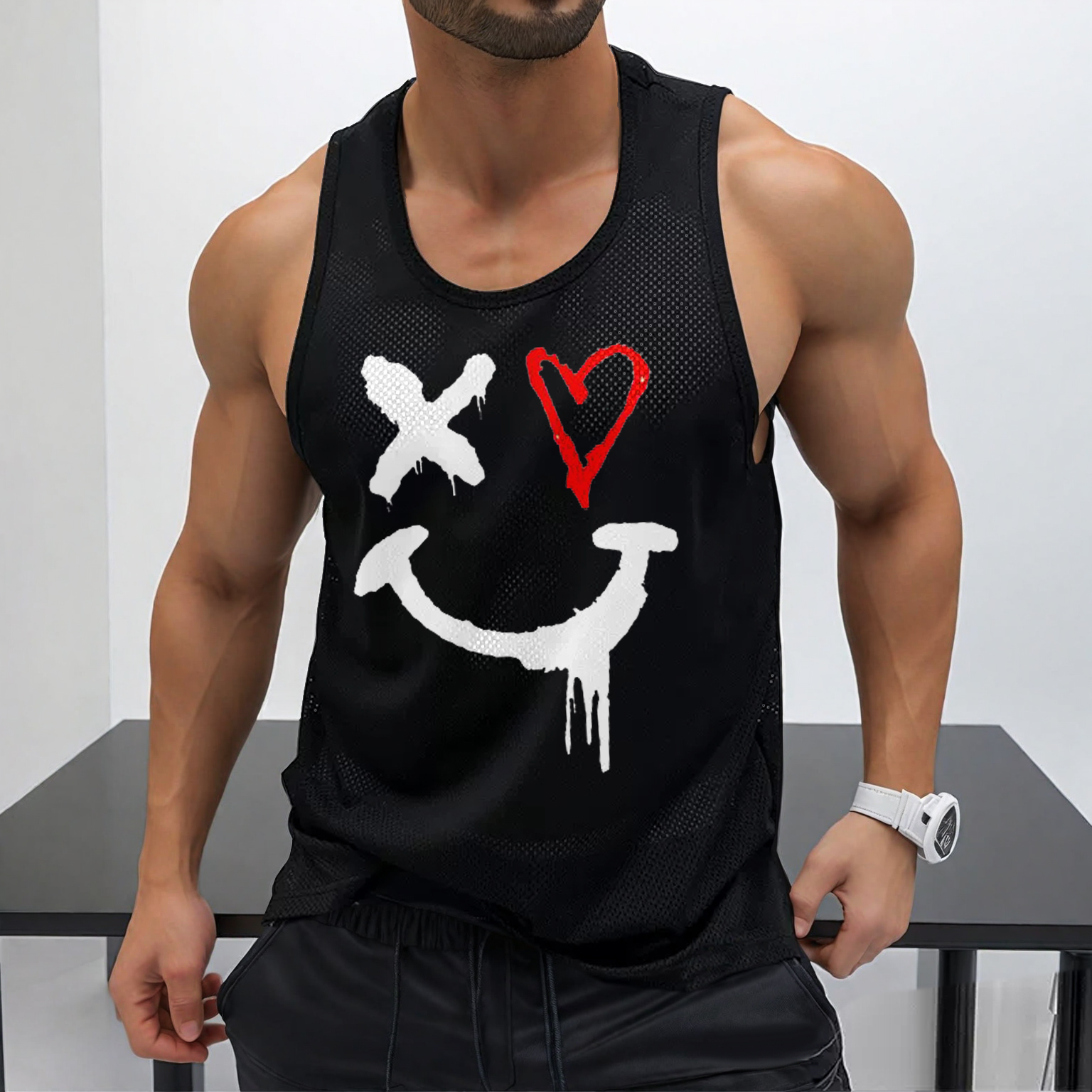 Street Casual Men's Smiley Face Printed Mesh Vest Fitness Quick Dry Vest Home Comfort Vest / TECHWEAR CLUB / Techwear