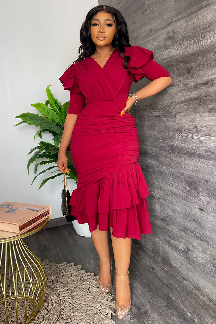 Short Sleeve Irregular Ruffle Midi Dresses