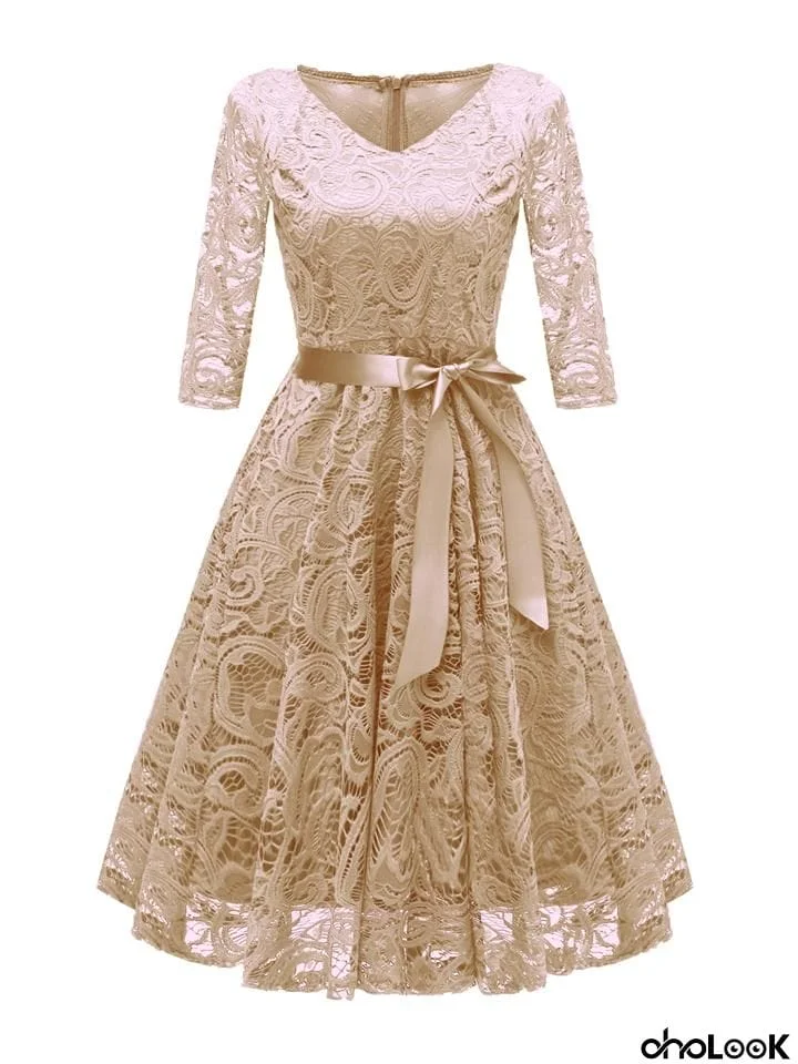 Elegant 3/4 Sleeve 1950s Lace Floral Midi Spring Dress