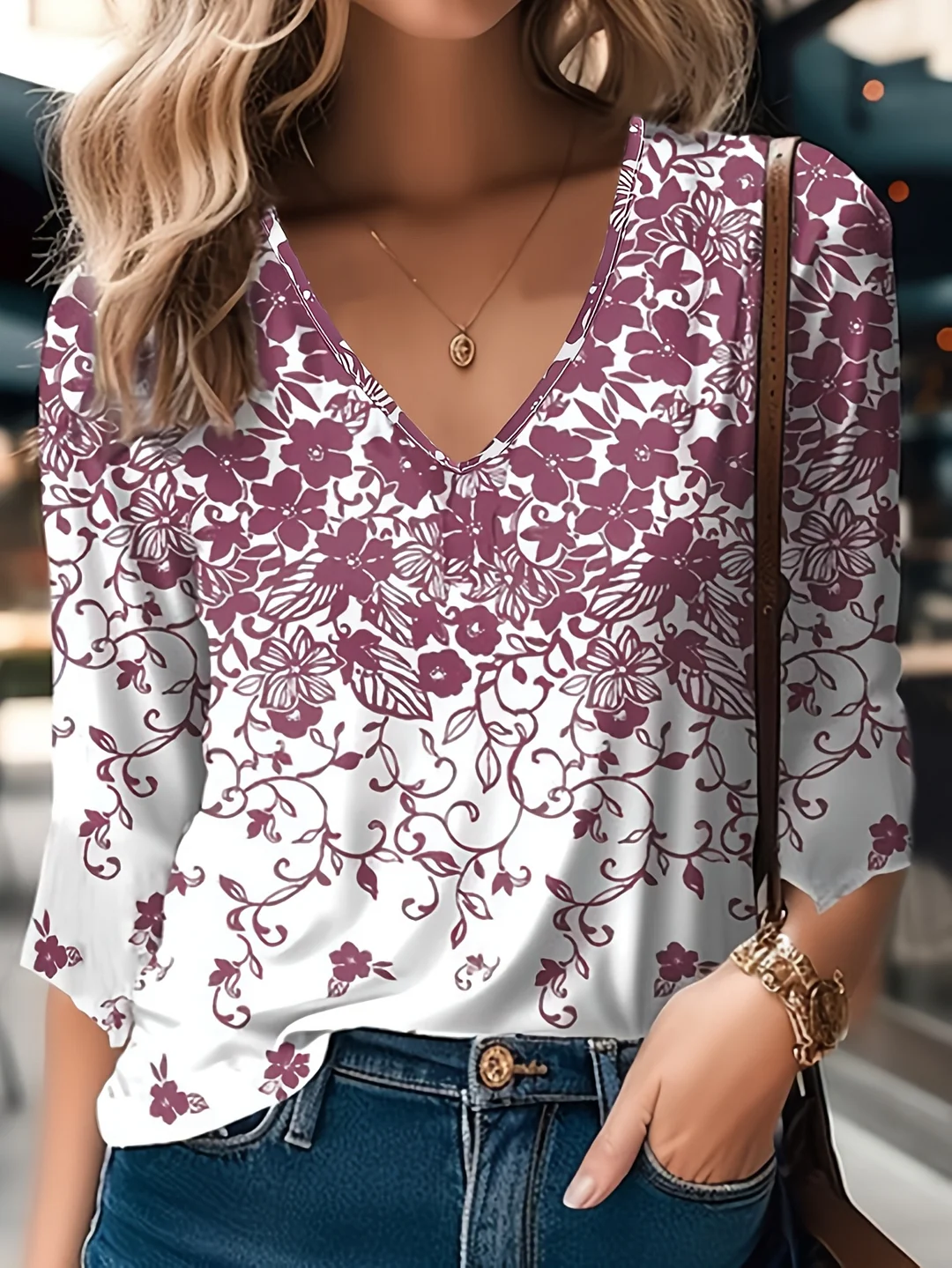 Fashionable Mid Sleeve Floral Print V-Neck Thin T-Shirt | IFYHOME