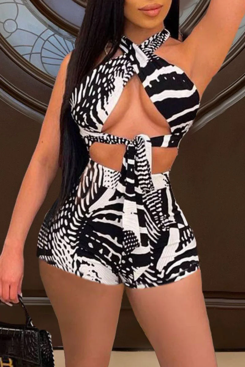 Sexy Print Bandage Hollowed Out Split Joint Asymmetrical Halter Sleeveless Two Pieces