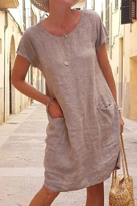 Summer Loose Solid Color Pocket Short Sleeve Round Neck Cotton Linen Dress Women's
