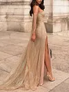 Bandeau Gauze Sequinned Split-Side Off-The-Shoulder Long Sleeves Evening Dress
