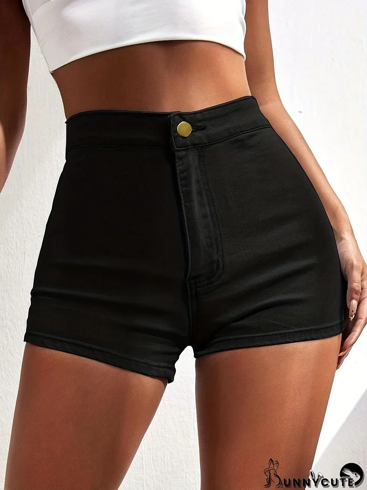 Denim Shorts Summer High Waist Elastic Solid Color Women Shorts