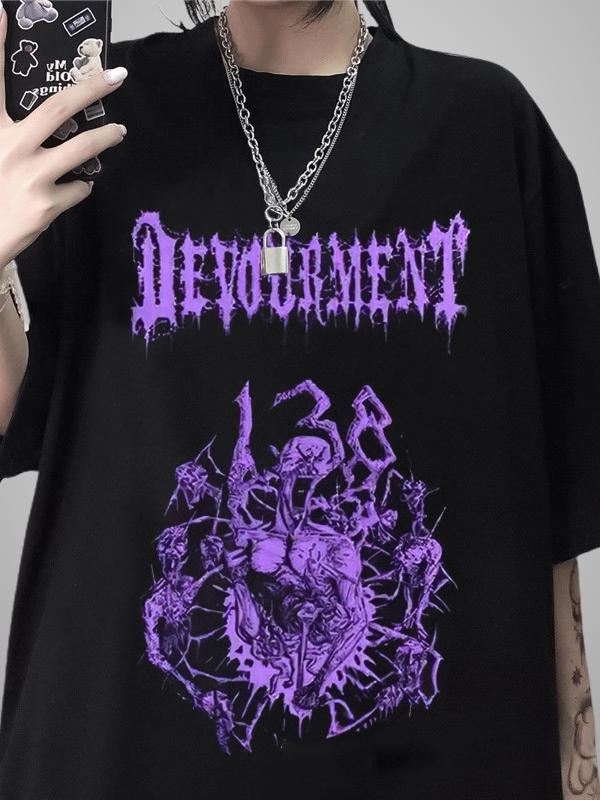 Gothic Skull & Letter Printed Crew Collar T-shirt