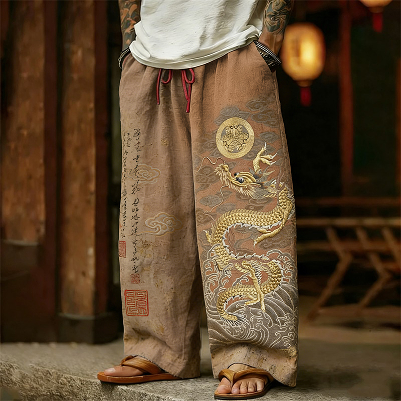 Men's Retro Calligraphy With Dragon Wave Art Linen Pants  artssus