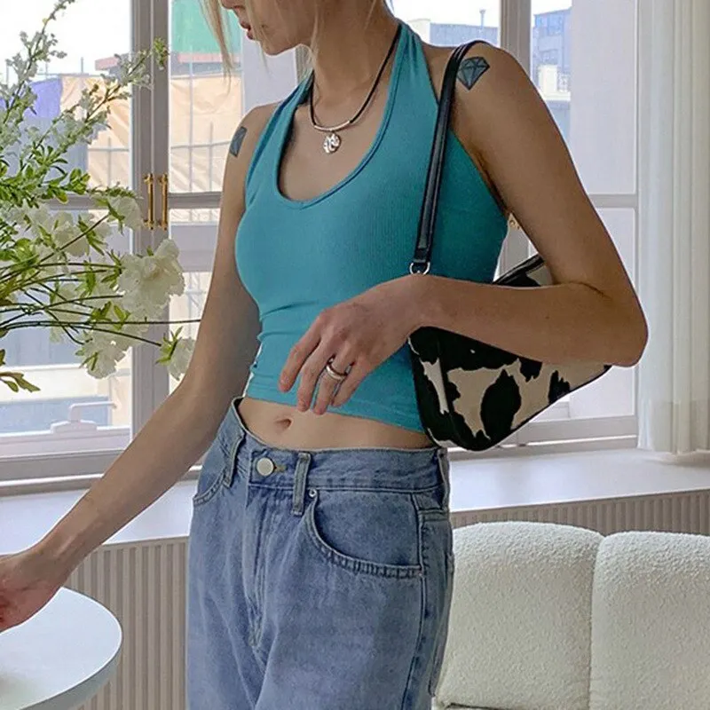 Blue Knitted Halter Backless Crop Tops Women U-Neck Sleeveless Skinny Cami Female Korean
