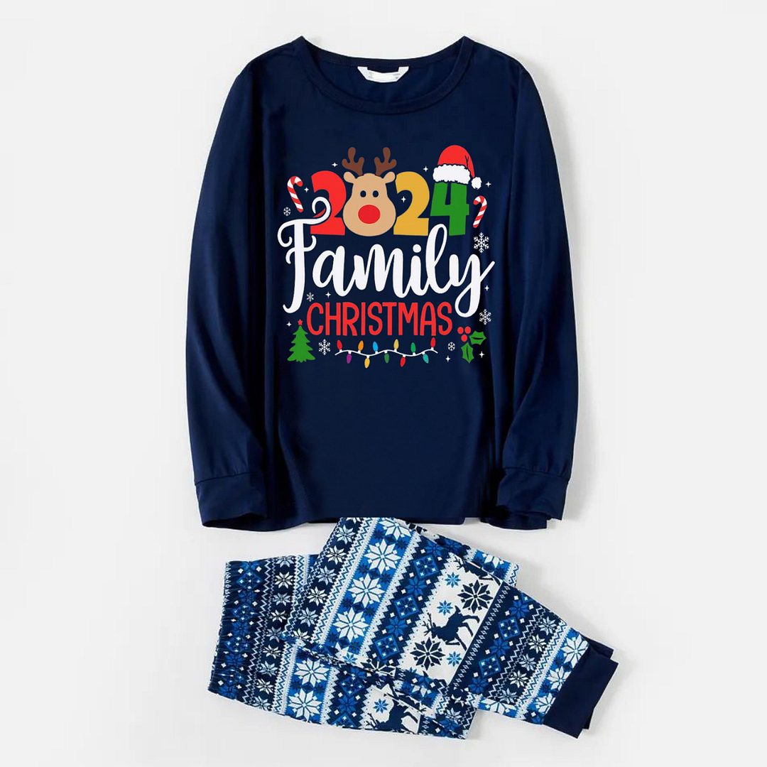 2024 Christmas Text and Deer Print Blue Family Matching Pajamas