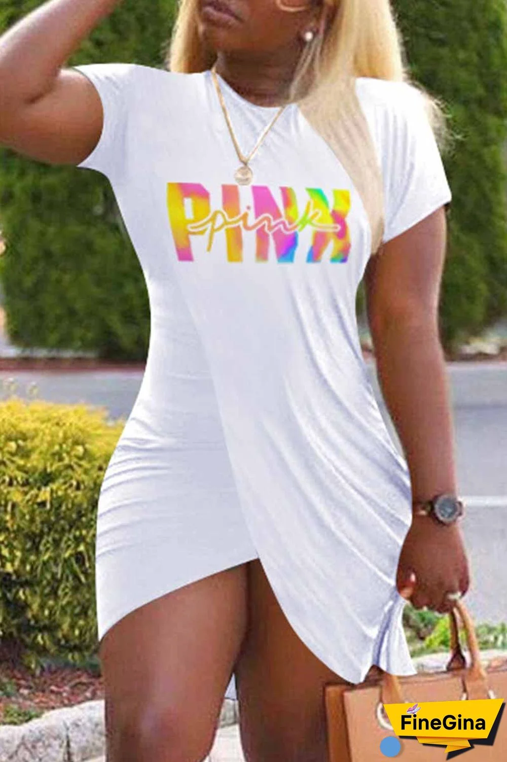 Black Casual Print Letter O Neck One Step Skirt Dresses