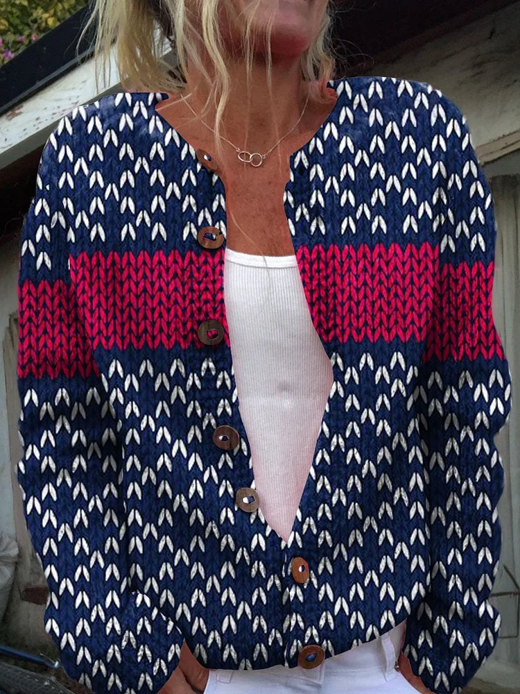Retro Geometric Art Print Buttoned Cardigan Sweater