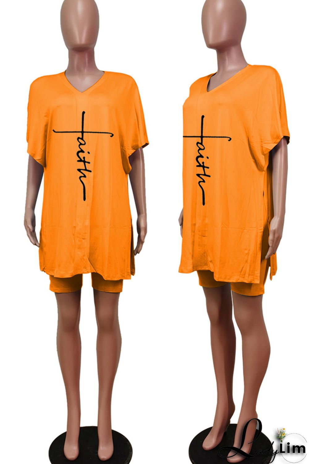 Tangerine Red Casual Print Split Joint V Neck Short Sleeve Two Pieces