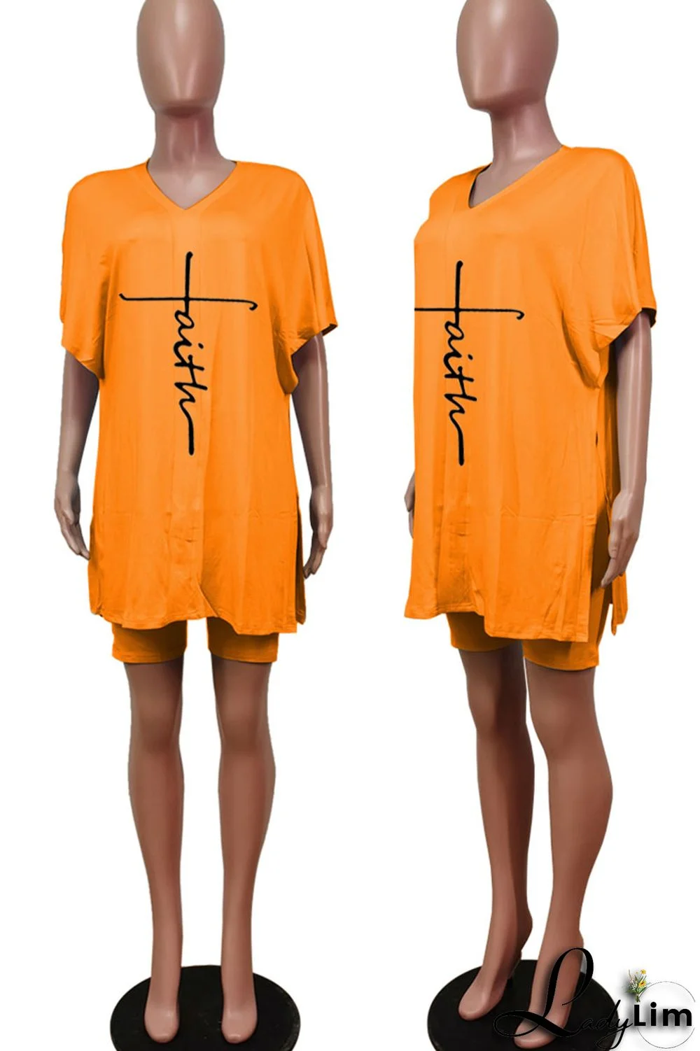 Tangerine Red Casual Print Split Joint V Neck Short Sleeve Two Pieces