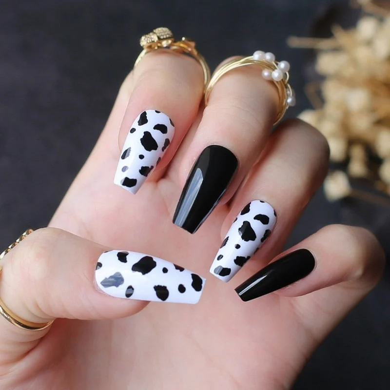 Black white mix and match cow print fake nails Medium coffin false nail UV design gel popular Black spots