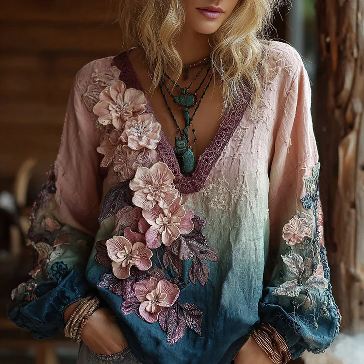 Classy Gradient Japanese Sakura Embroidered Gradient Pattern Linen Long Sleeve Shirt