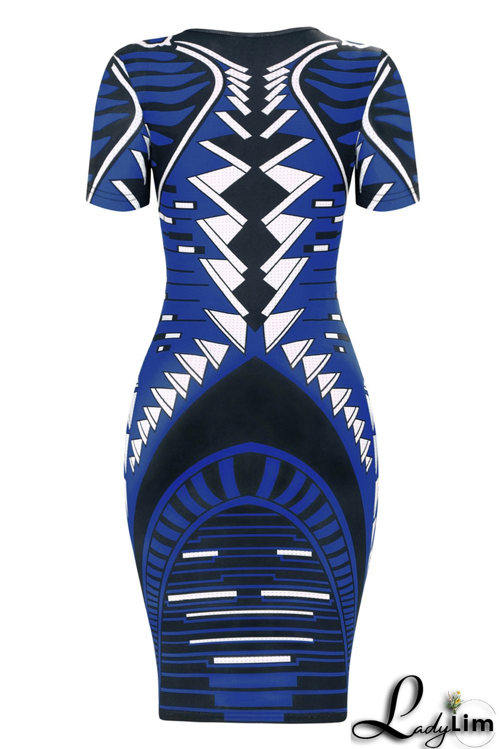 Blue Fashion Casual Print Basic O Neck Short Sleeve Dress