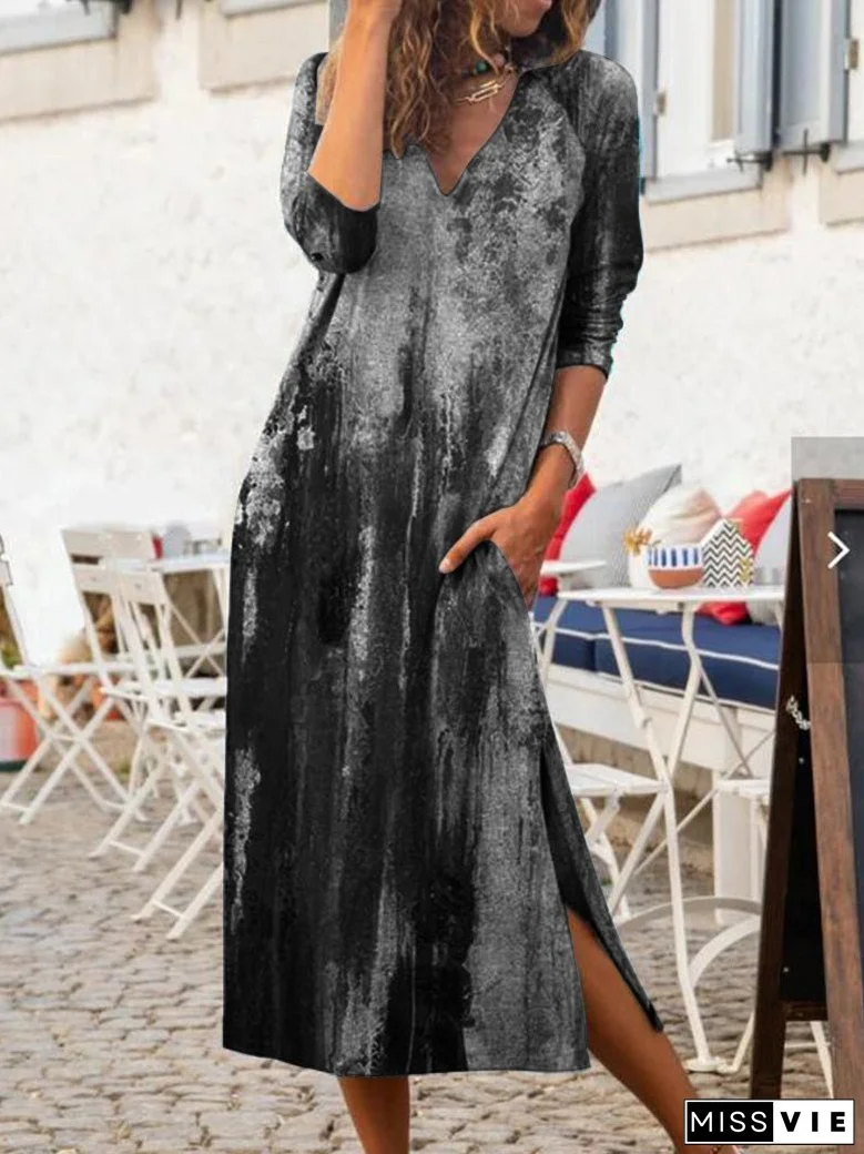 Tie-Dye Print V-Neck Slit Casual Dress