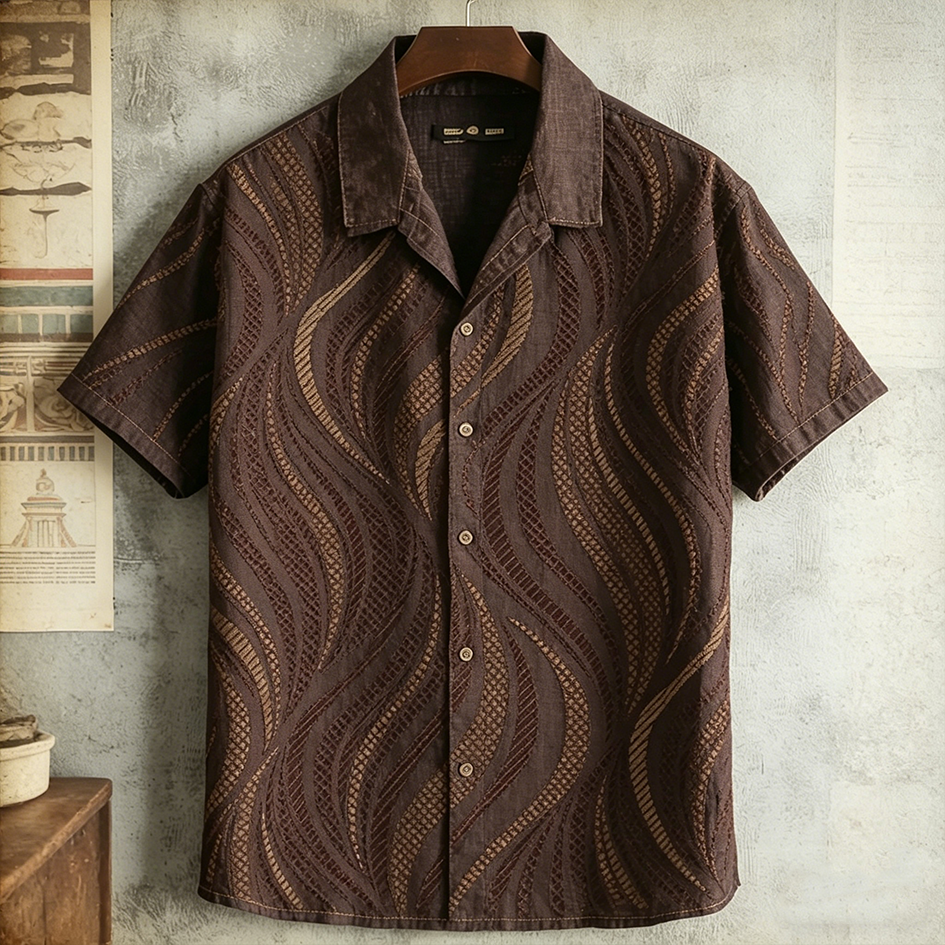 Comstylish Men's Linear Art Embroidery Design Spring And Summer Casual Linen Short-sleeve Shirt