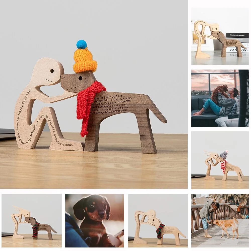 Wooden Dog Decoration Craft Figurine Family Puppy Table Ornament Wood Carving Model Creative Decoration For Lovely Gifts