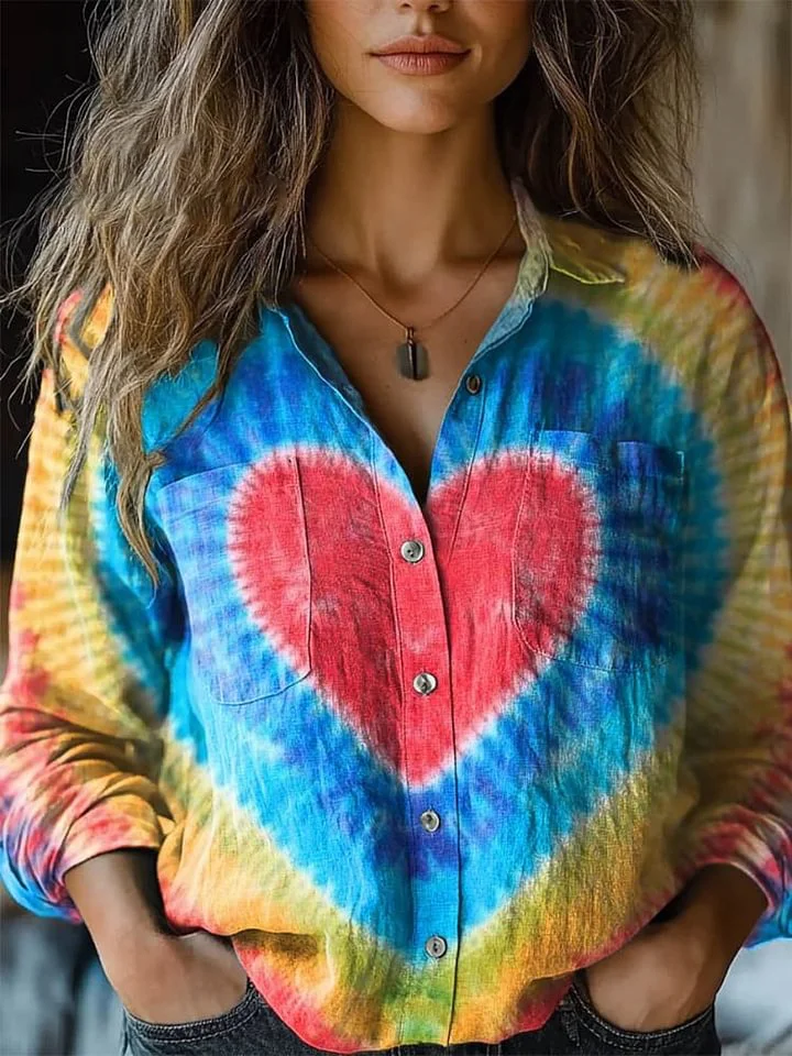 Women's Colorful Love Tie Dye Print Casual Long Sleeve Comfortable Cotton Shirt