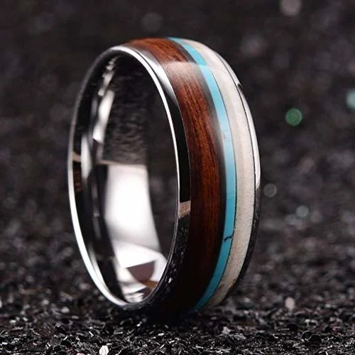 6MM 8MM Women's Or Men's Wedding Tungsten Carbide Wedding Matching Rings Silver with Blue Calaite Turquoise White Antler and Wood Inlay Comfort Fit Domed Top