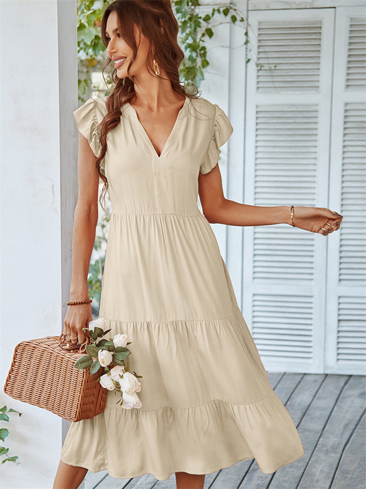 V Collar Sexy Solid Color Leisure Holiday Dress-JRSEE