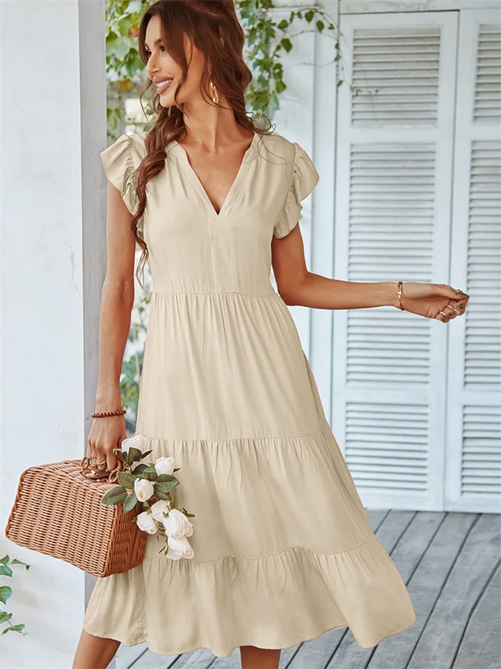 V Collar Sexy Solid Color Leisure Holiday Dress-JRSEE