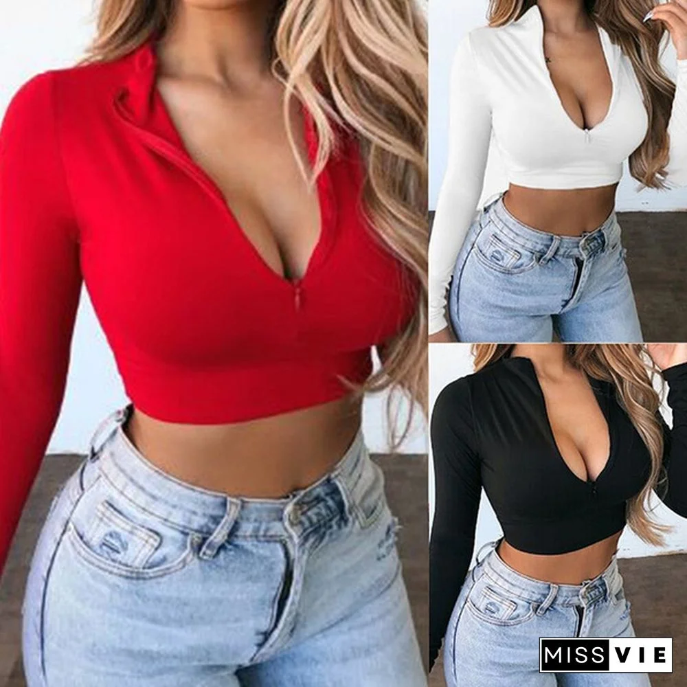 Women Long Sleeve Crop Tops V Neck Zip T-Shirt Summer Beach Tees Ladies Clothes Fashion New