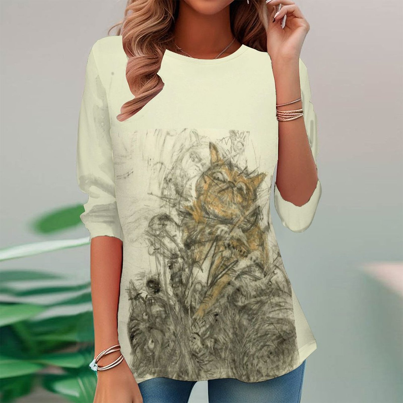 Women Long Sleeve V-neck Graphic Floral Printed Top
