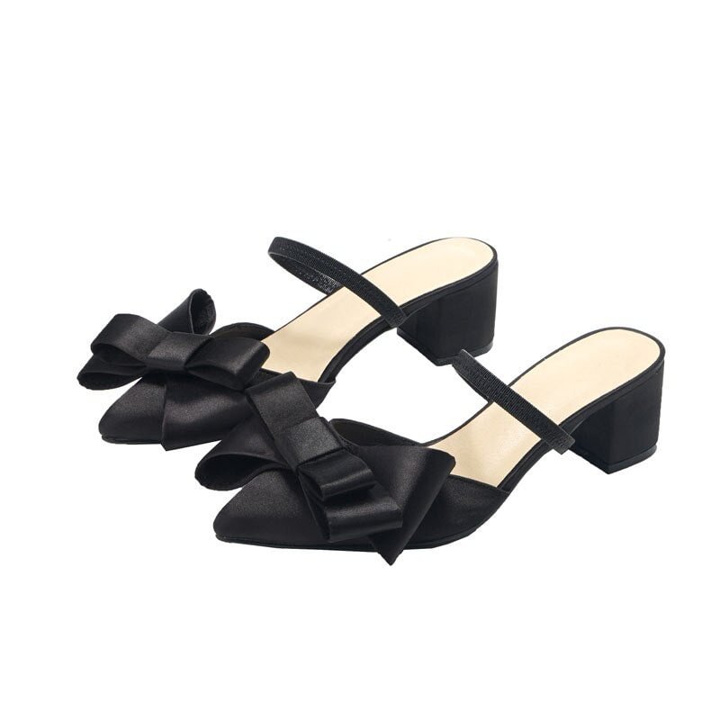 Pointed half slippers women wear 2019 new Baotou fashion bow High-heeled and lazy Muller slippers