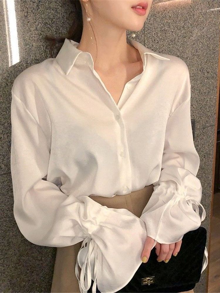 Ballifyex 2025 Blouses Women Lacing Flare Sleeve Solid Elegant Chiffon Shirts Womens Retro Ladies Designer Fashion Tops Streetwear Stylish