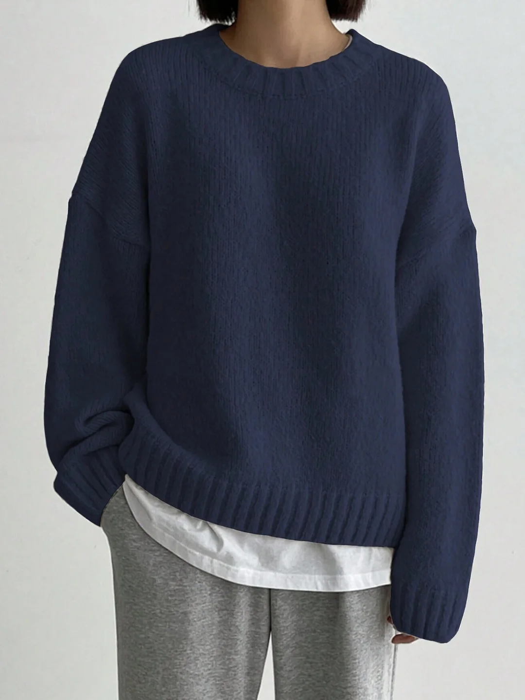 Nigikala Nigikala And Winter Languid Wind Round Collar Plus Thick Solid Color Knitted Women's Autumn And Winter European Hood Long-Sleeved Sweater Top